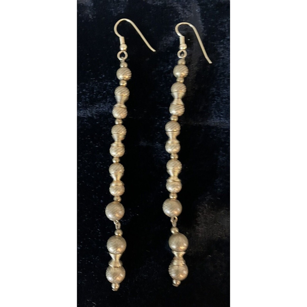 Vintage Gold Tone Wire and Beaded DROP EARRINGS - 4"